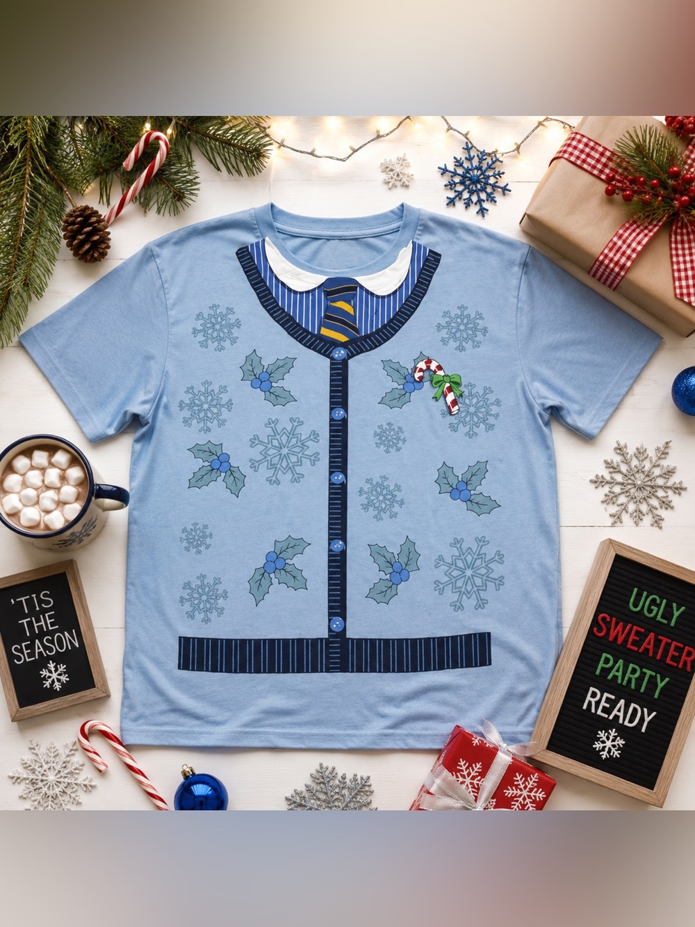 Ugly Christmas Sweater Graphic T-Shirt Blue Men’s L Holiday Party Tee